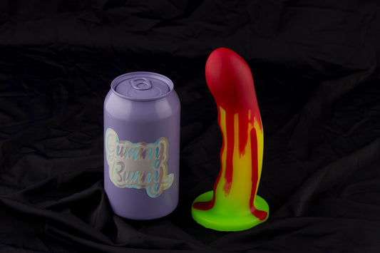 Petunia, Glow yellow and green fade with red drip, medium firmness, with bullet vibe